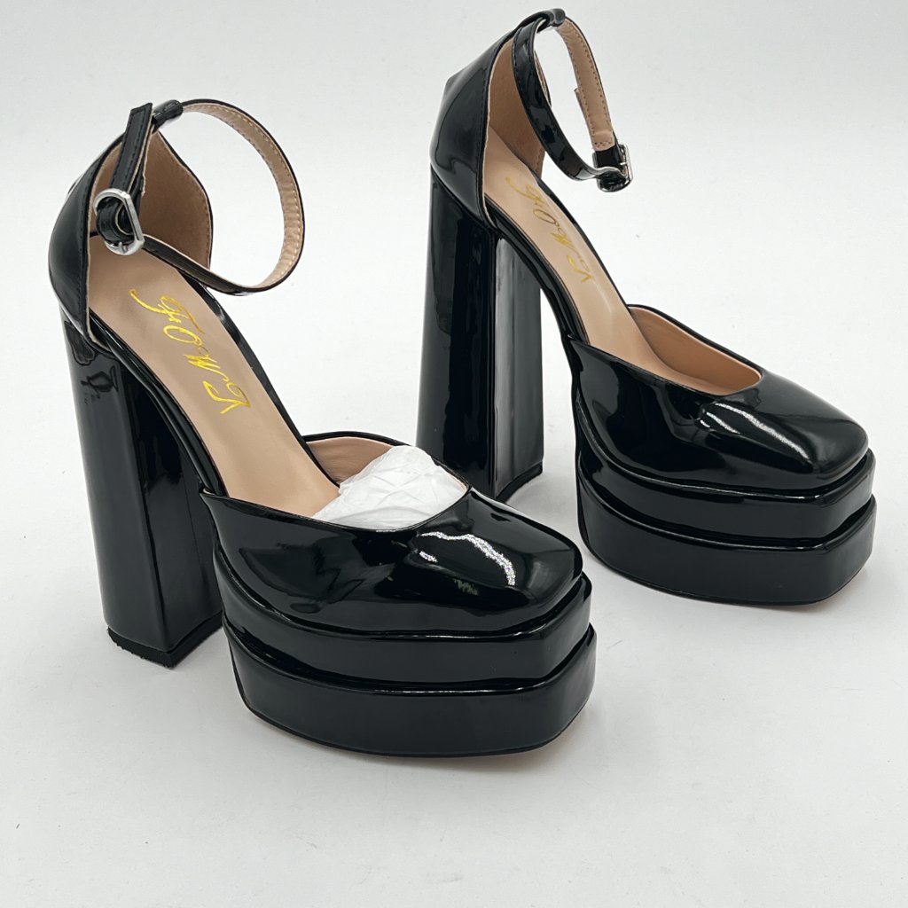 Fowt Black Platform Pumps Block Heel Super High Ankle Buckle Strap Sandals